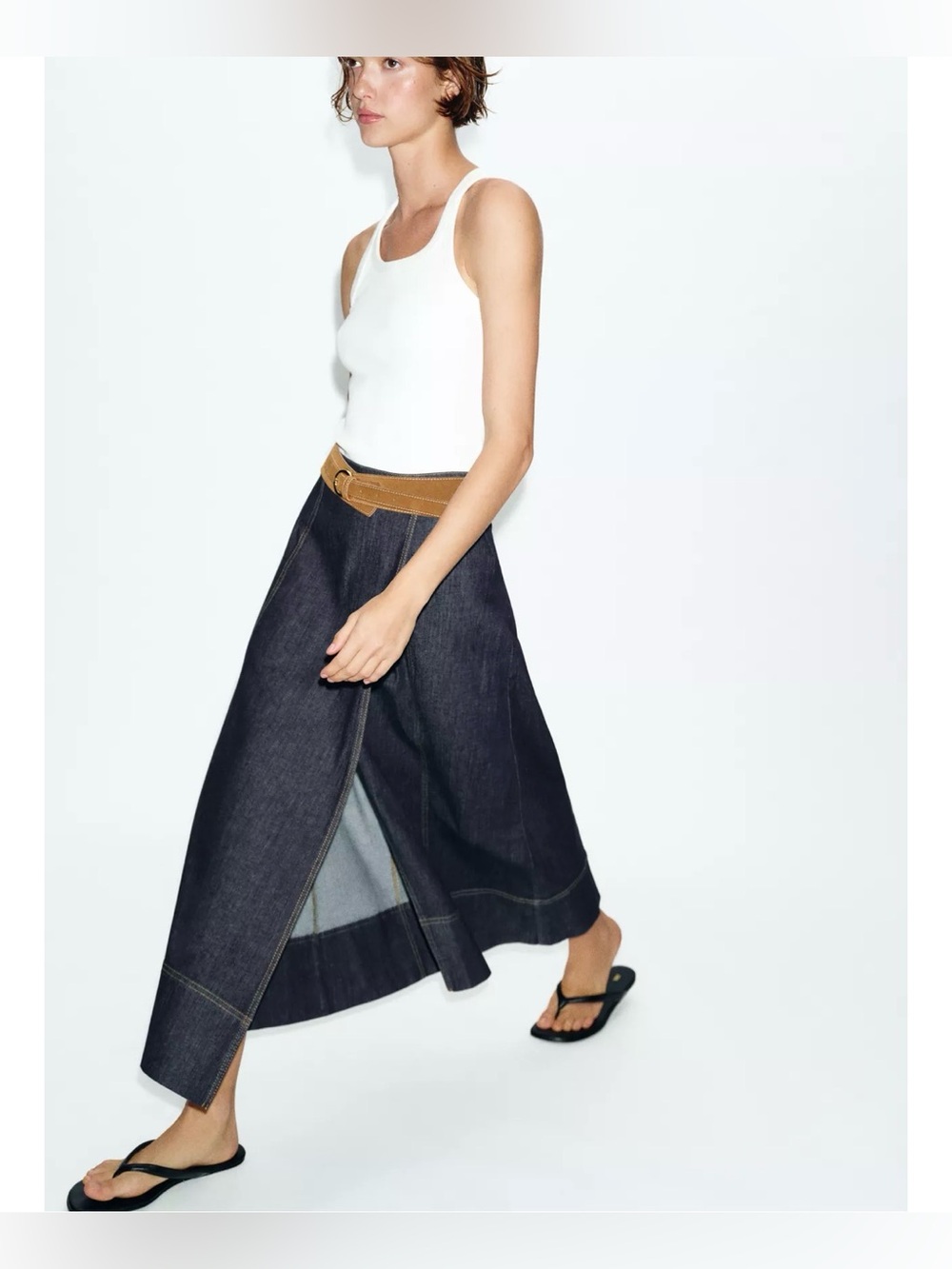 ❗️LAST CALL❗️ ok Zara Dark Denim Wrap Midi Skirt with Tan Belt - Picture 2 of 10